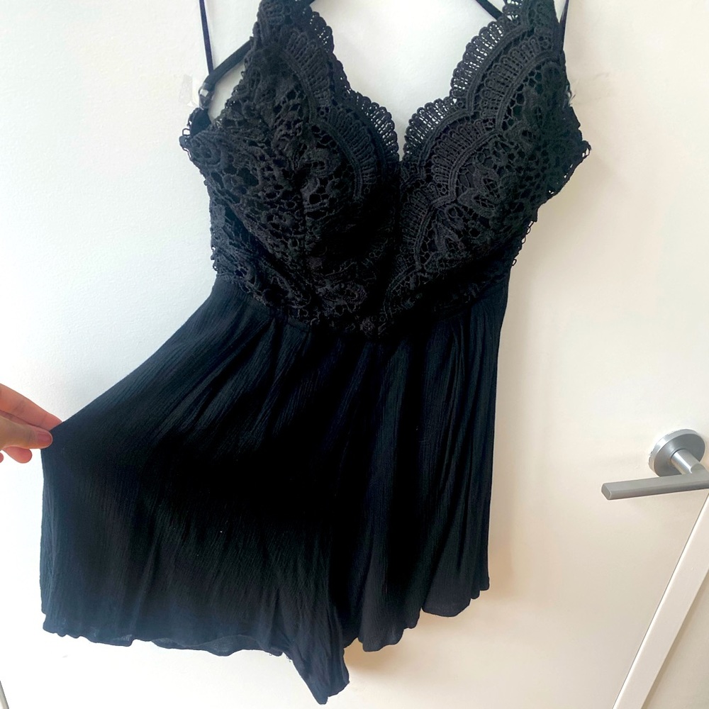 Black Deep V / V Neck Crochet Crisscross Romper